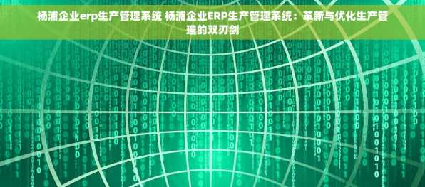 杨浦企业erp生产管理系统 杨浦企业ERP生产管理系统：革新与优化生产管理的双刃剑
